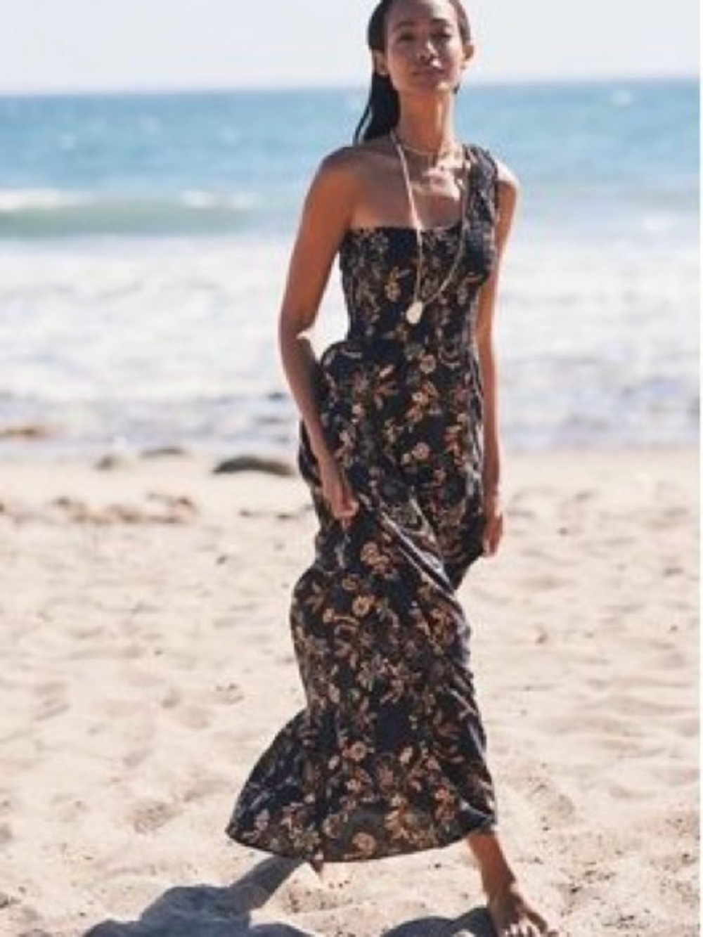 Anthropologie Charles Holiday Black Floral One-Shoulder Maxi Dress